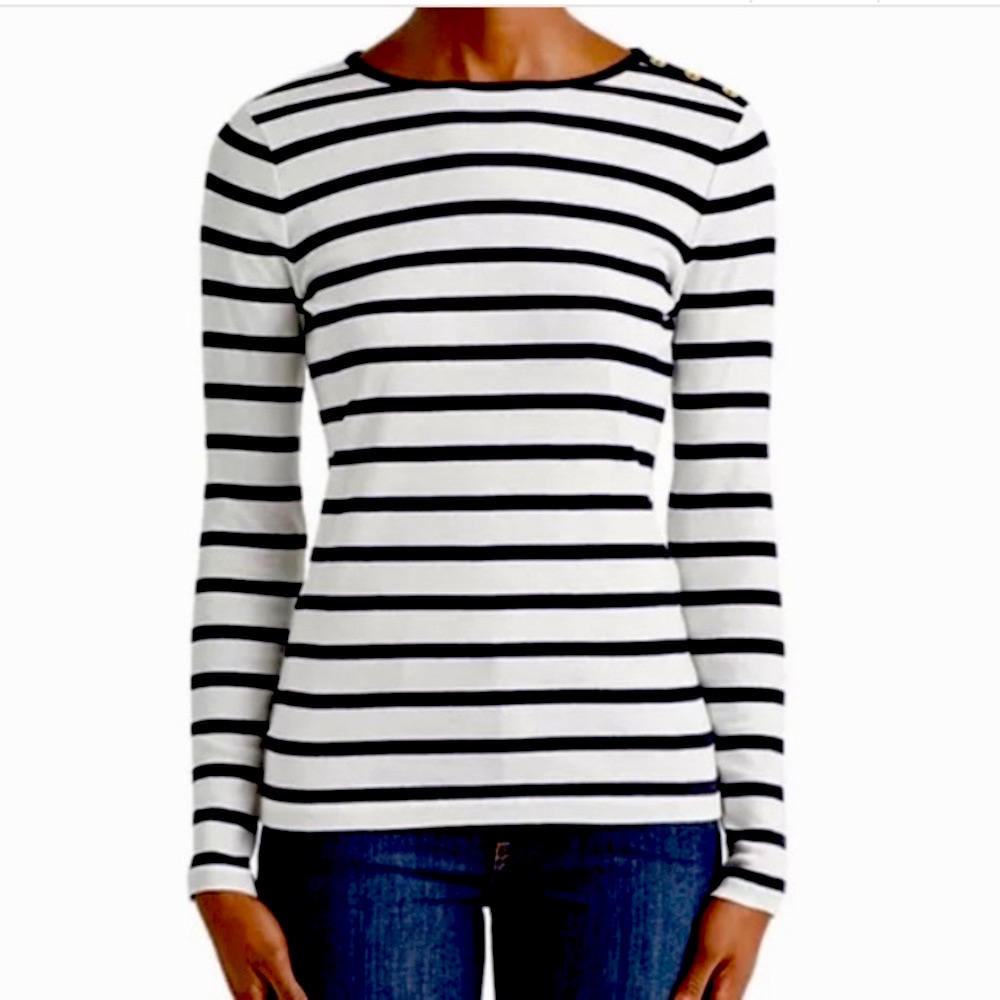 Lauren Ralph Lauren Women’s Navy Blue And White Striped Button-Shoulder Top